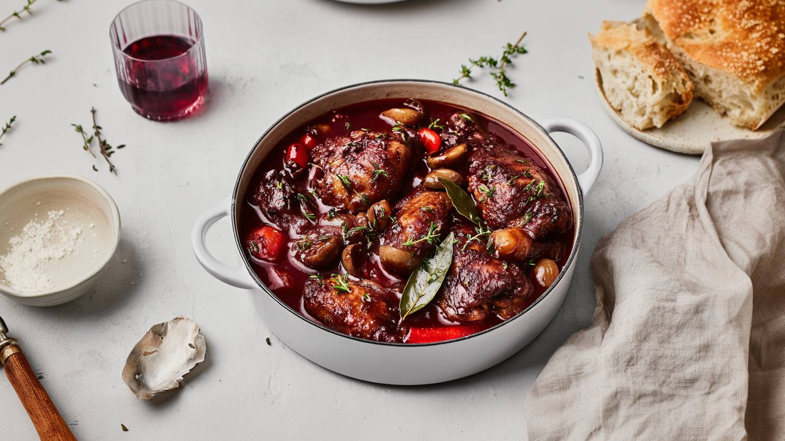 Ein rustikales Gericht in einem weißen Topf zeigt zartes Fleisch in einer roten Soße, garniert mit frischen Kräutern. Neben dem Topf ist eine kleine Schüssel mit Salz, ein Stück Brot und ein Glas Rotwein sichtbar.