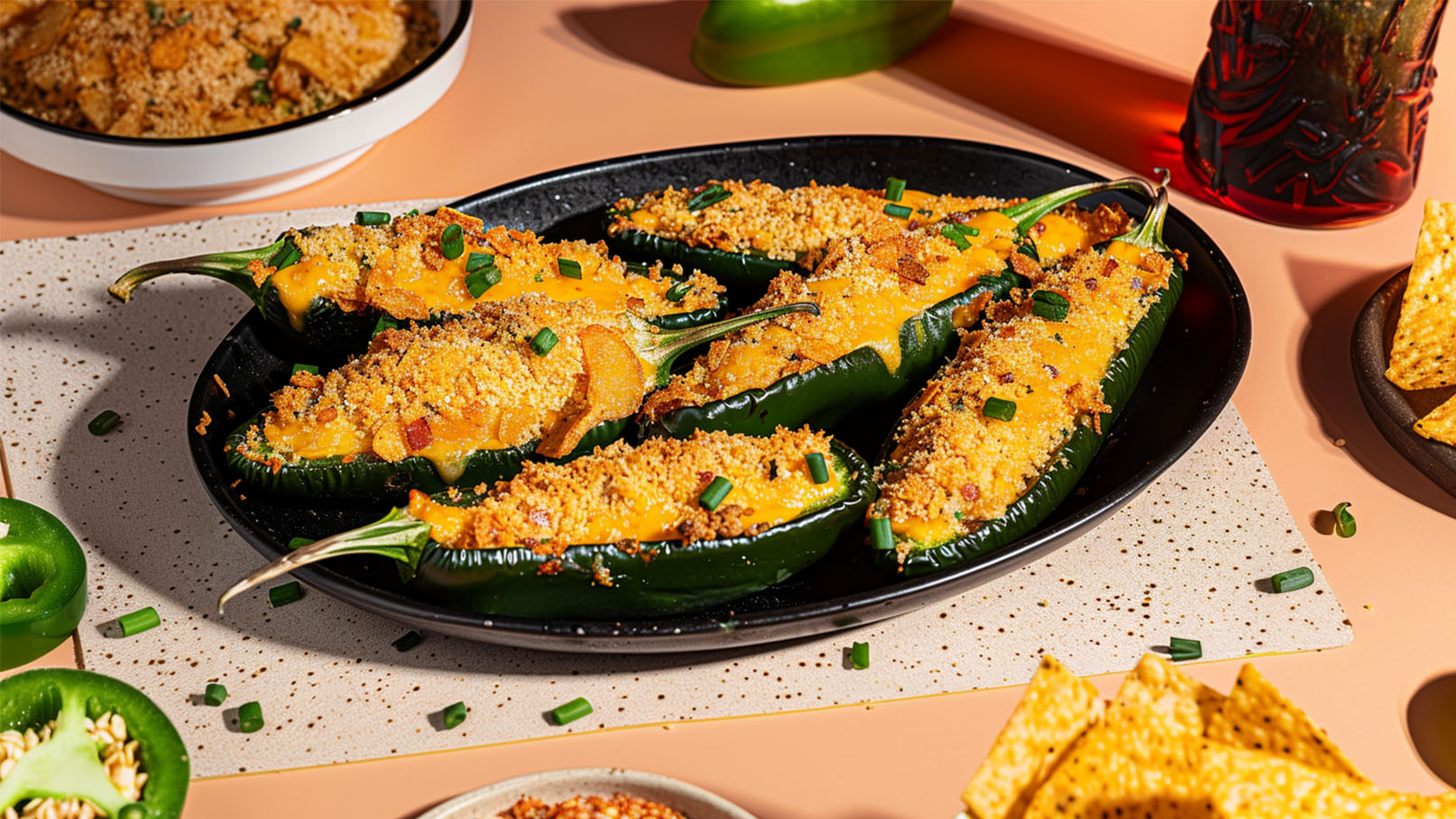 Ein schwarzes Serviertablett mit gefüllten Jalapeño-Schoten, deren Oberflächen mit Käse und knusprigen Bröseln bedeckt sind. Einige frische Schnittlauchstücke sind darüber gestreut. Nebenan liegen Tortilla-Chips auf einem kleinen Teller.