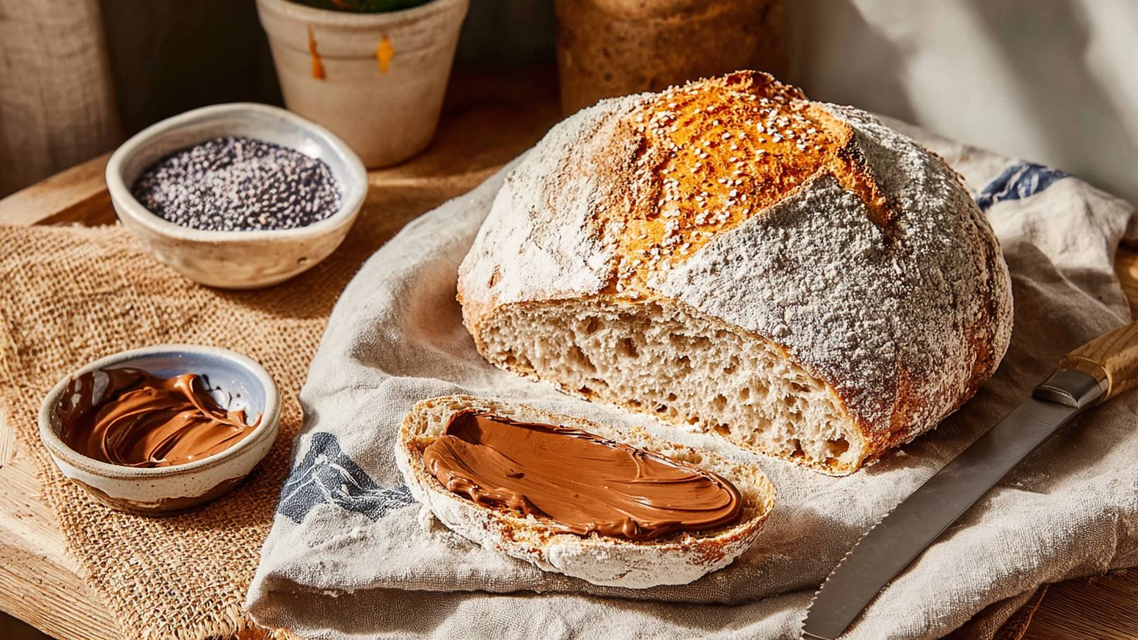 Ein lauwarmer, rustikaler Brotlaib liegt auf einem Tisch. Ein Stück des Brotes ist aufgeschnitten und mit einer schokoladigen Creme bestrichen. Neben dem Brot befindet sich ein Messer, und im Hintergrund sind einige kleinere Schalen sichtbar.