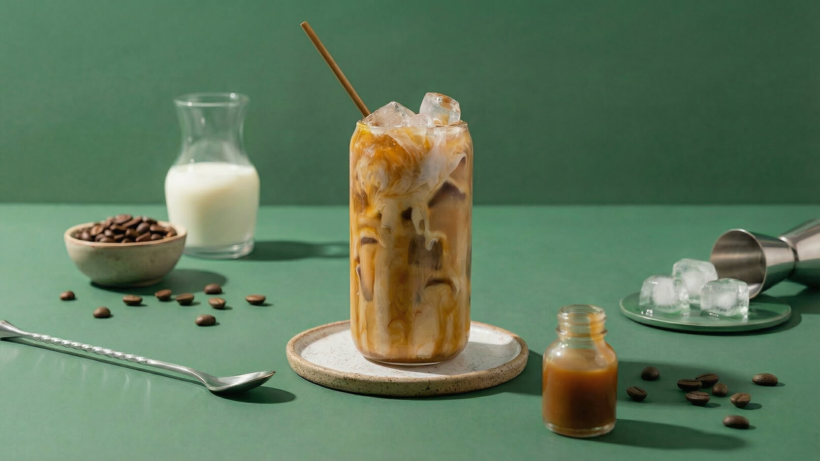 Ein Glas mit Eiskaffee, gefüllt mit Eiswürfeln und einer Strohhalm, steht auf einem Unterteller. Daneben befinden sich eine kleine Kanne Milch, eine Schale mit Kaffeebohnen und ein Glas mit Karamellsauce. Der Hintergrund ist grün.
