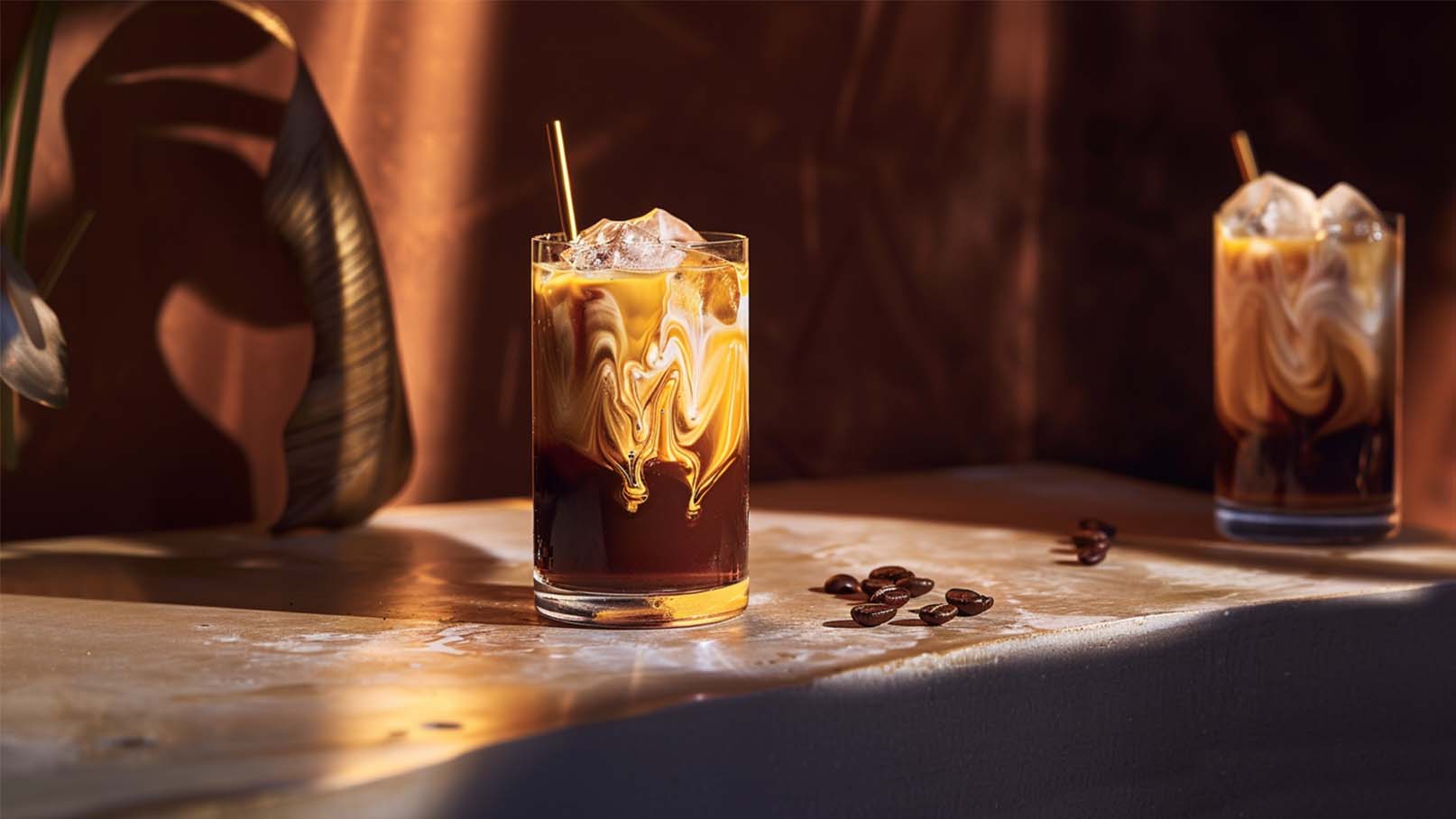 Zwei Gläser mit Kaffee und Sahne sind auf einem Tisch platziert. Der Drink im Vordergrund zeigt ein verführerisches Marmormuster aus braunen und goldenen Tönen, während Eiswürfel sichtbar sind. Einige Kaffeebohnen liegen verstreut auf dem Tisch.