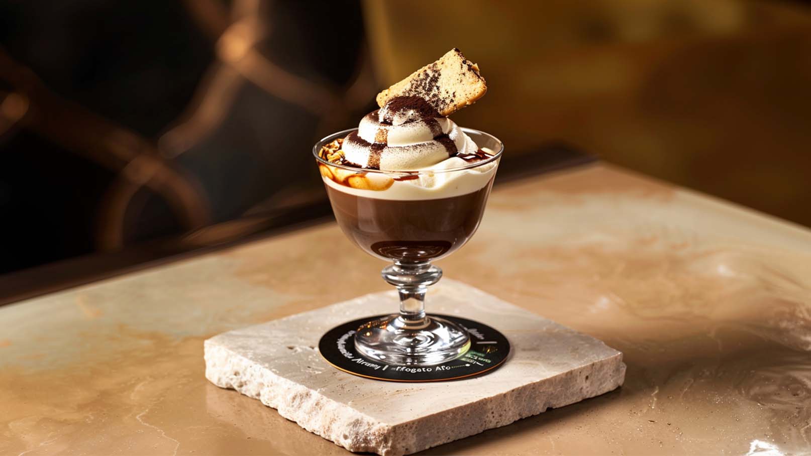 Ein Glas mit einer Schicht Kaffee und einer Schicht Sahne, garniert mit Schokoladensoße und einem Keks. Das Glas steht auf einer grauen Steinplatte. Der Hintergrund ist unscharf und wirkt elegant.