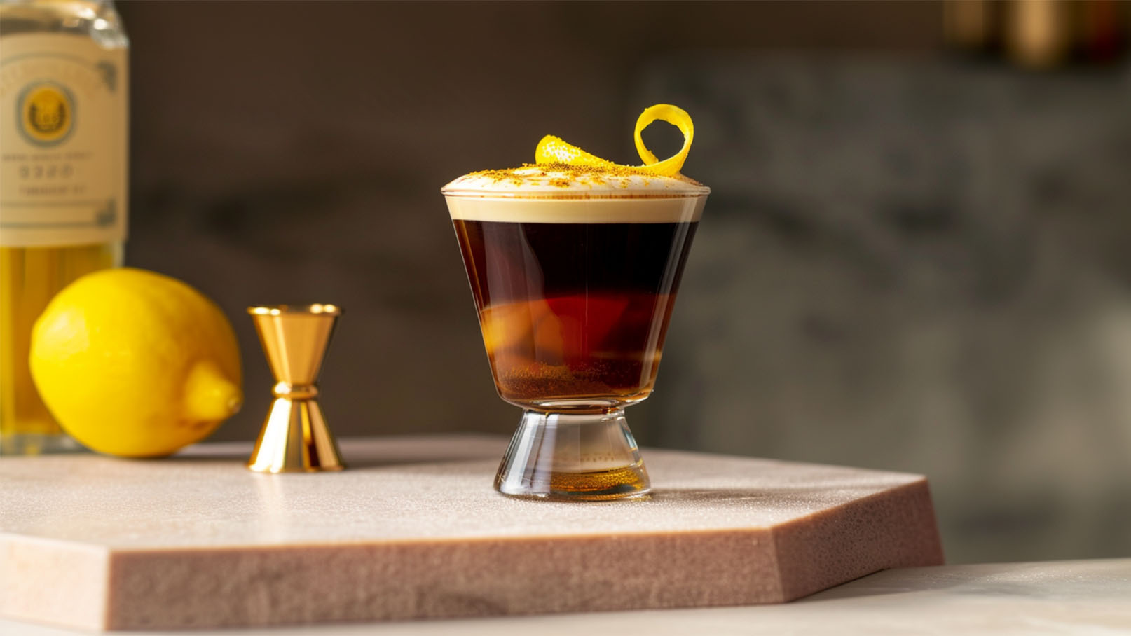 Ein Cocktailglas mit mehrschichtigem Getränk, das Kaffee, Likör und Sahne enthält. Auf der Oberseite ist ein Zitronenstreifen dekorativ angebracht. Im Hintergrund sind eine Zitrone und ein Messbecher zu sehen.