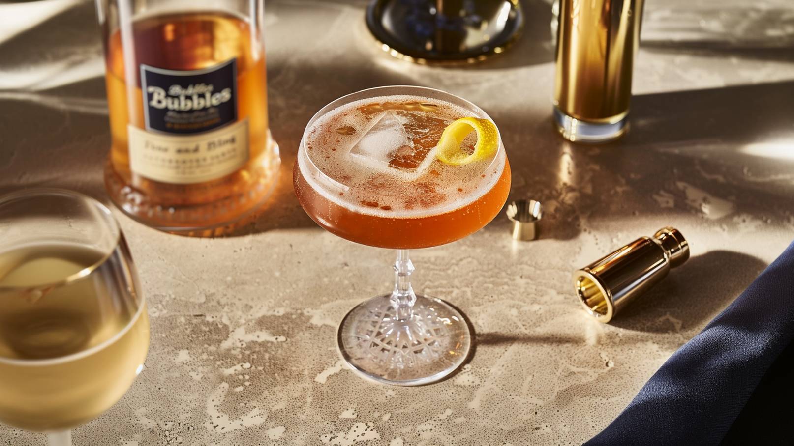 Ein dekorierter Cocktail in einer eleganten Glas mit einer Zitronenscheibe und Eiswürfeln steht auf einer marmorierten Oberfläche. Im Hintergrund ist eine Flasche mit dem Etikett „Bubbles“ sichtbar, zusammen mit einem goldenen Cocktail-Shaker und einem Glas Wein.