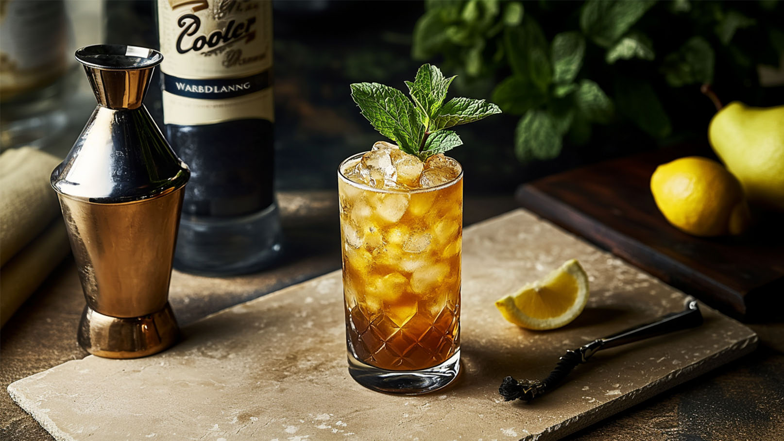 Ein frischer Cocktail in einem hohen Glas mit Eiswürfeln, garniert mit einem Zweig Minze. Neben dem Glas liegt eine halbe Zitrone und ein Cocktail-Shaker aus Metall steht im Hintergrund. Die Szenerie vermittelt eine einladende, gastronomische Atmosphäre.
