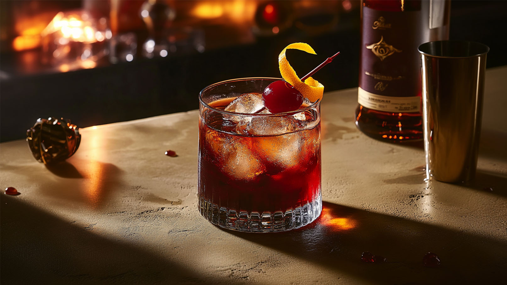 Ein Glas mit einem Cocktail, gefüllt mit Eiswürfeln und einer dunklen Mischung, ist auf einer Tischplatte platziert. Der Drink ist mit einem Kirsche und einem Spiralzesten von Zitrone dekoriert. Im Hintergrund sind ein Flasche und ein Cocktail-Shaker sichtbar.