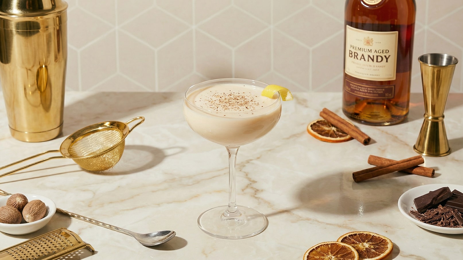 Ein eleganter Cocktail in einem gekühlten Glas, dekoriert mit einem Zitronenschnitz und etwas geriebener Muskatnuss. Im Hintergrund stehen eine Flasche Brandy und weitere Cocktailzubehörteile wie ein Messbecher und ein Sieb auf einer marmorierten Oberfläche.