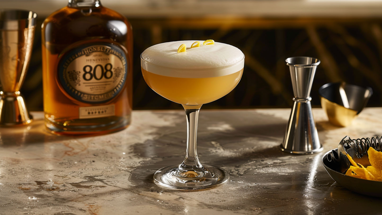 Ein eleganter Cocktail in einem hohen Glas mit einer schaumigen Schicht oben. Auf dem Schaum befinden sich drei dünne Zitronenschalen. Im Hintergrund steht eine Flasche mit der Aufschrift "808", die ein alkoholisches Getränk enthält, sowie einige Cocktailwerkzeuge und dekorative Zutaten auf der Tischoberfläche.