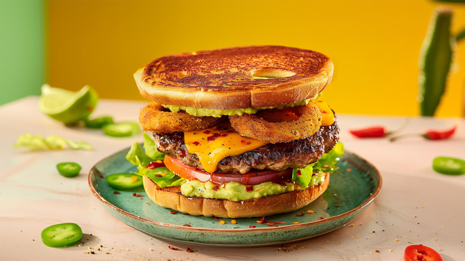 Ein großer Burger mit gegrilltem Fleisch, geschmolzenem Käse und knusprigen Zwiebelringen. Darunter befinden sich Avocado, frisches Gemüse wie Salat und Tomate, alles zwischen zwei goldbraunen Brötchen auf einem grünen Teller angerichtet.