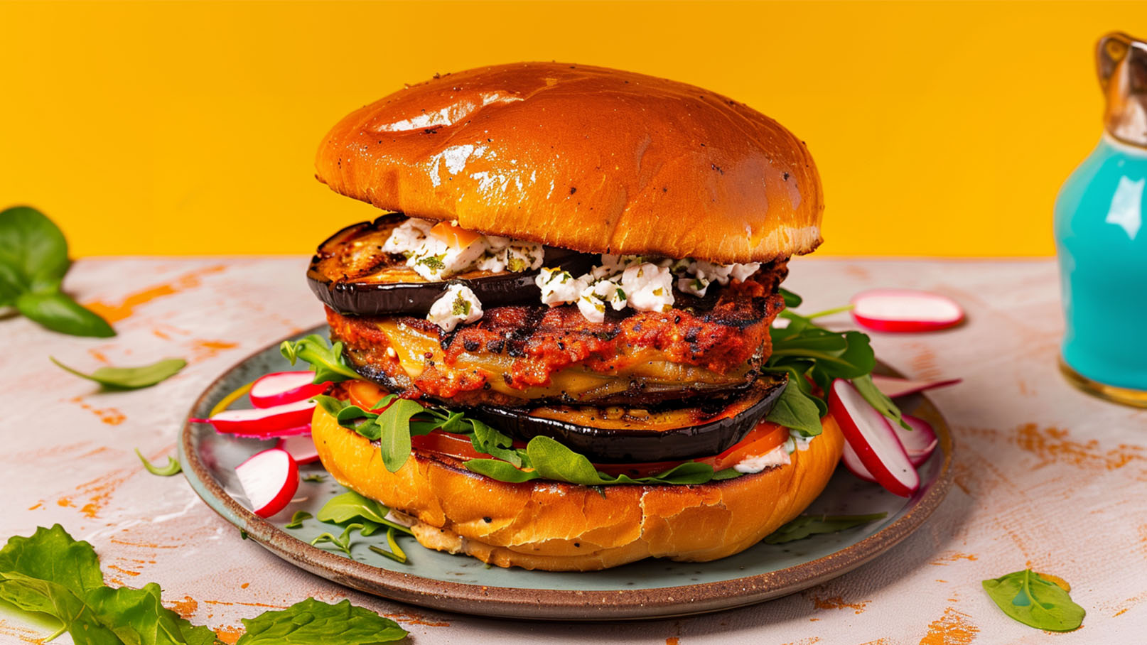 Ein hoher Burger mit gegrillter Aubergine, Tomaten, frischem Rucola und einer cremigen Füllung, serviert auf einem runden Teller. Der Hintergrund ist gelb, und das Gericht wird von Radieschen und Salatblättern begleitet.