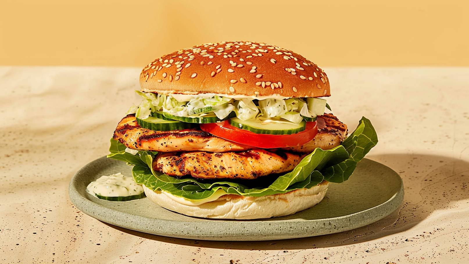 Ein saftiger Burger mit gegrilltem Hähnchenfleisch, frischem Salat, Tomaten- und Gurkenscheiben, garniert mit einer cremigen Sauce. Der Burger ist auf einem grauen Teller angerichtet und hat ein geröstetes Sesambrötchen.