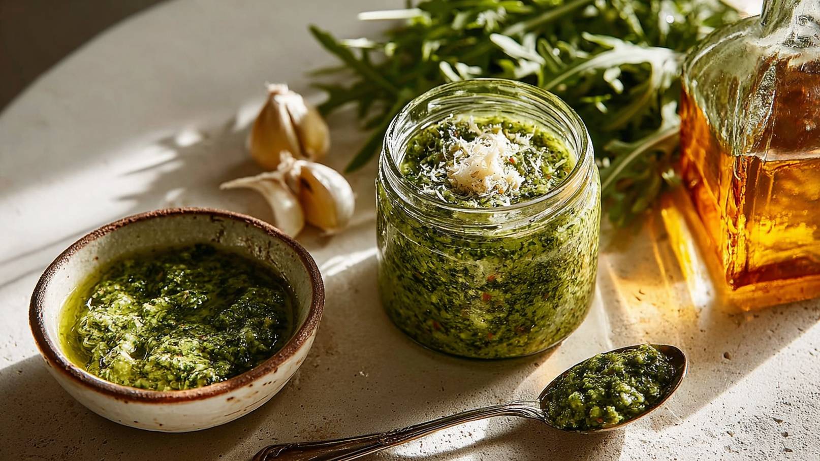 Ein Glas mit grünem Pesto steht neben einer Schale mit einer ähnlichen Pesto-Variation. Im Hintergrund sind einige Knoblauchzehen und frisches Rucola zu sehen. Ein Esslöffel mit Pesto liegt neben der Schale.
