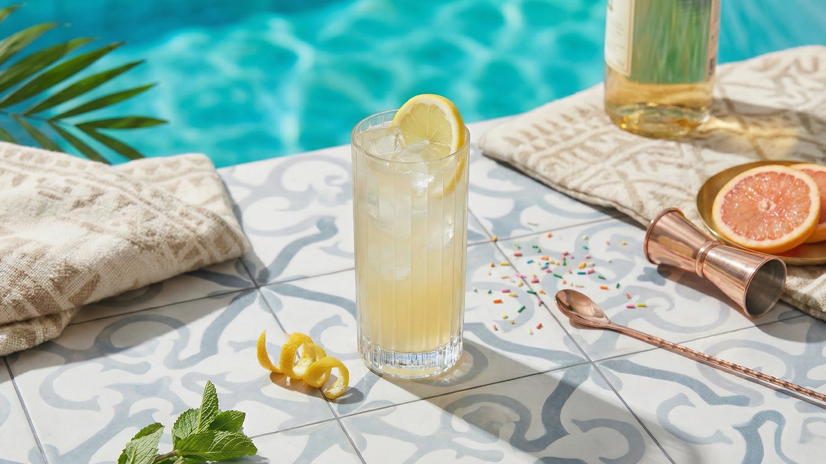 Ein erfrischendes Getränk in einem hohen Glas mit Eis und einer Zitronenscheibe steht auf einem bedruckten Tisch. Neben dem Glas liegen eine Zitronenschale, Minzblätter und bunte Streusel. Im Hintergrund ist ein blauer Pool sichtbar.