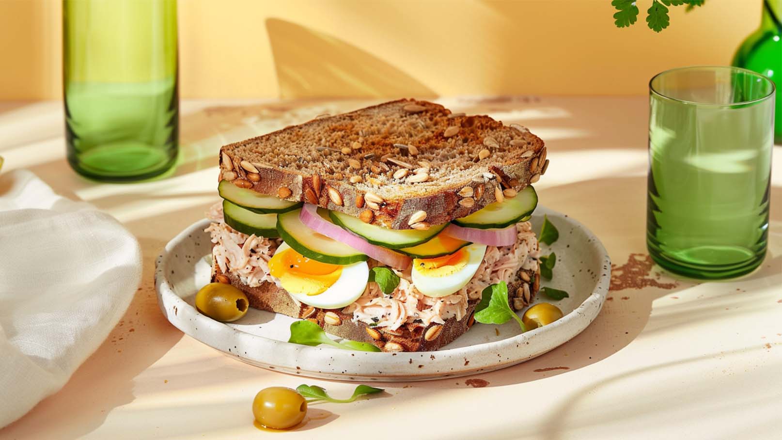 Ein belegtes Sandwich auf einem Teller, gefüllt mit Thunfisch, Gurken, roten Zwiebeln und hartgekochtem Ei. Das Sandwich ist aus Vollkornbrot mit Samen. Daneben liegen einige grüne Oliven und es gibt grüne Gläser im Hintergrund. Der Hintergrund hat einen sanften, warmen Farbton.