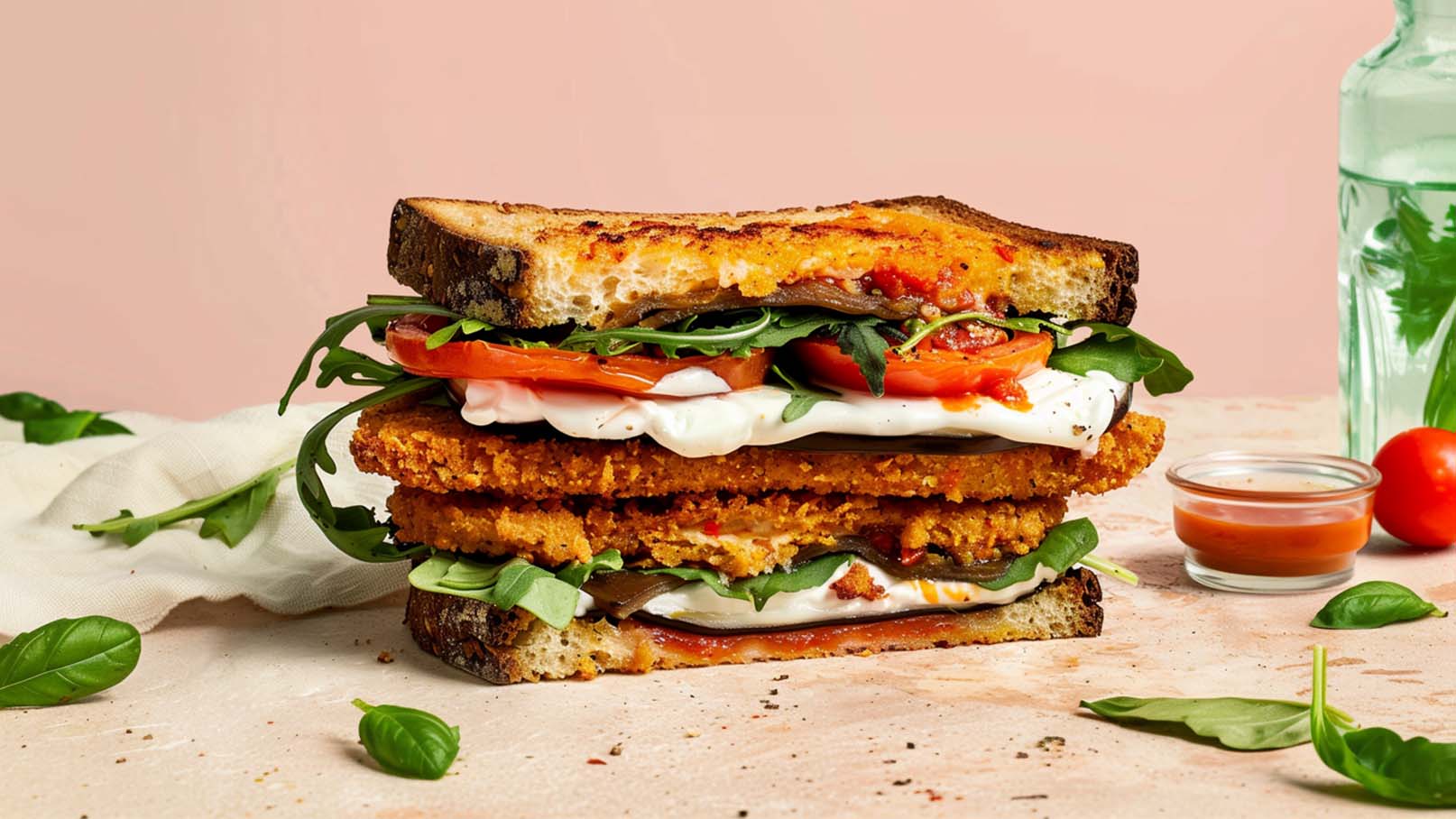 Ein hochgestapelter Sandwich besteht aus knusprigen Zutaten wie paniertem Gemüse, frischen Tomaten und Rucola, mit einer cremigen Sauce zwischen den Schichten. Das Brot ist leicht geröstet und hat eine goldene Farbe. Dahinter ist ein sanfter, rosa Hintergrund zu sehen.