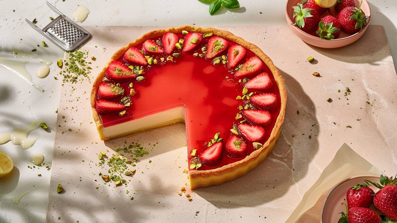 Ein Erdbeerkuchen mit einer glänzenden roten Glasierschicht und frischen Erdbeeren oberhalb. Der Kuchen hat einen goldbraunen Boden und ist teilweise angeschnitten. Um den Kuchen herum liegen gehackte Pistazien und einige Erdbeeren in einer kleinen Schale.