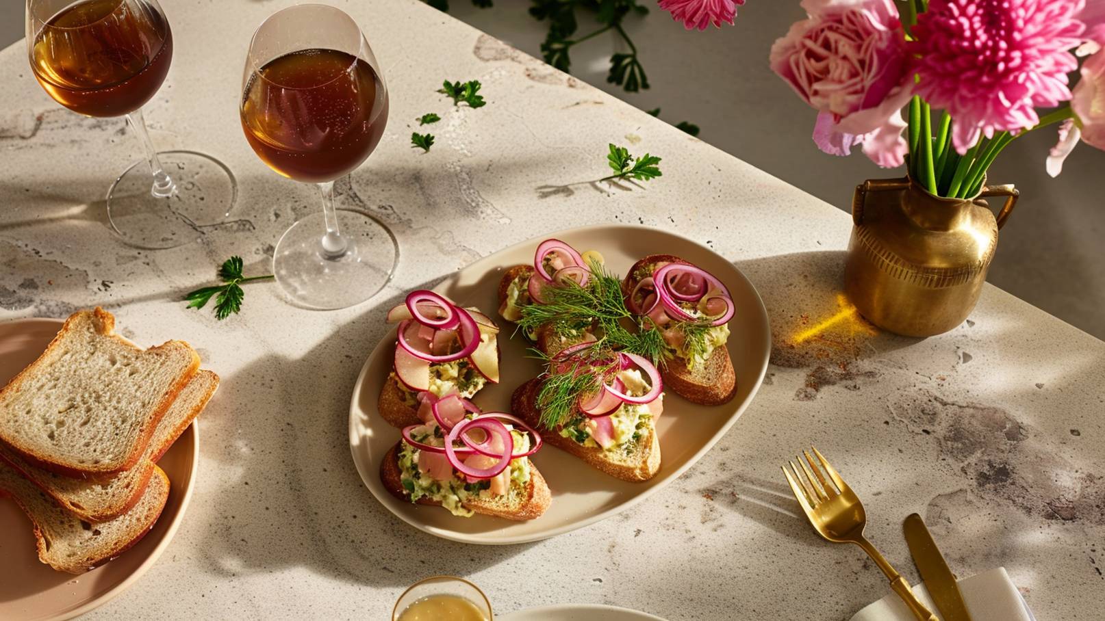 Auf einem Tisch liegen frische, belegte Brote mit verschiedenen Zutaten, darunter gehacktes Gemüse und Zwiebeln. Daneben stehen zwei Weingläser und einige Scheiben Brot. Eine goldene Vase mit bunten Blumen vervollständigt die Szene.