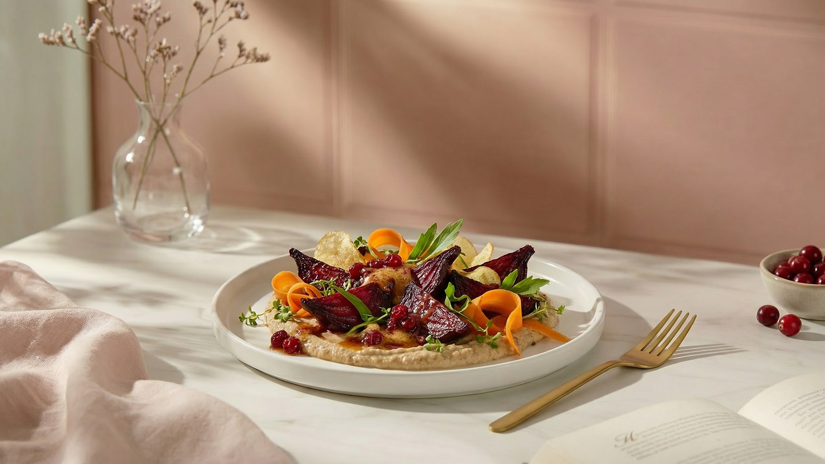 Ein schön angerichteter Teller mit einer Auswahl aus roten Rüben, Karottenstreifen, frischen Kräutern und knusprigen Chips, auf einer cremigen Basis. Im Hintergrund stehen eine Vase mit trockenem Pflanzendekor und eine kleine Schale mit roten Beeren.