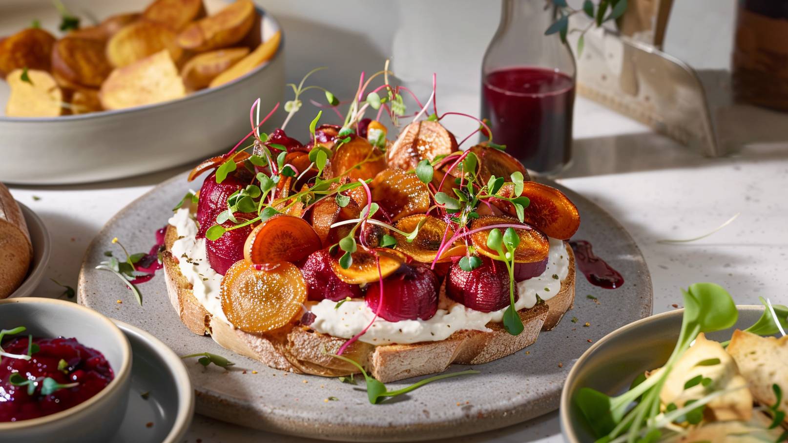 Ein rustikales Brot mit einer cremigen Schicht, bedeckt mit roten und orangefarbenen Rüben, frischen Kräutern und einer fruchtigen Sauce. Im Hintergrund sind knusprige Chips und ein Glas Saft zu sehen.