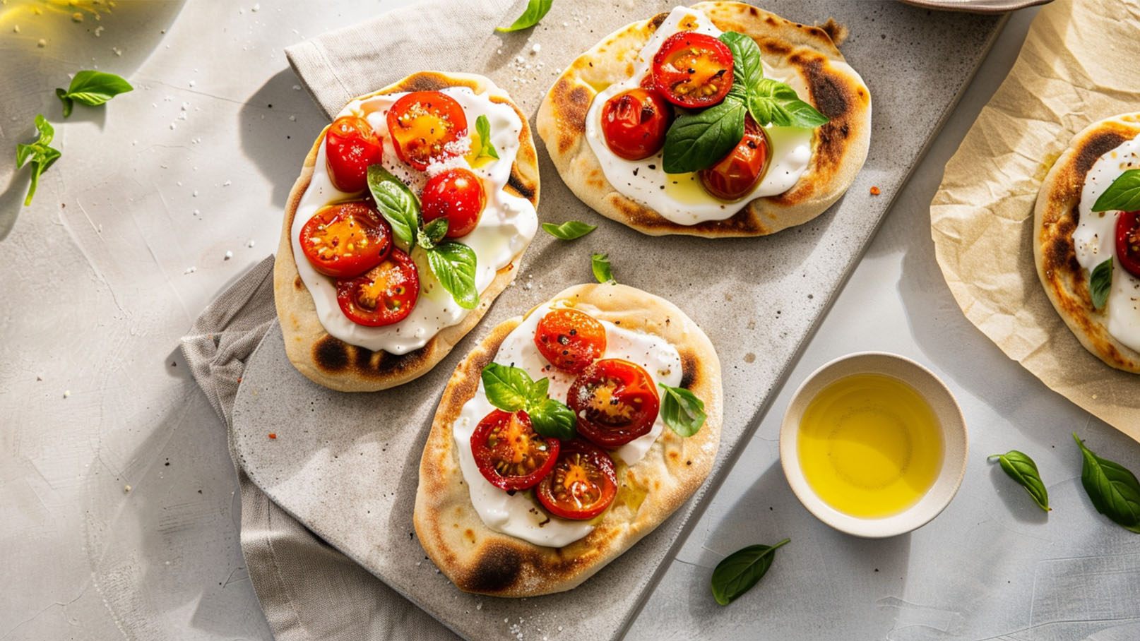 Drei flache Brote sind auf einem grauen Untergrund angerichtet, belegt mit frischen Kirschtomaten, Mozzarella und Basilikum. Ein kleiner Schüssel mit Olivenöl liegt daneben. Das Bild vermittelt eine appetitliche und frische Atmosphäre.