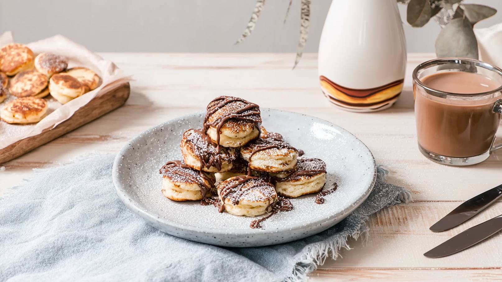 Auf dem Teller sind mehrere kleine, frisch gebackene Pfannkuchen gestapelt, mit Schokolade und Puderzucker garniert. Neben dem Teller steht eine Tasse mit heißem Getränk und eine Kanne. Im Hintergrund sind weitere Pfannkuchen in einer Form zu sehen.