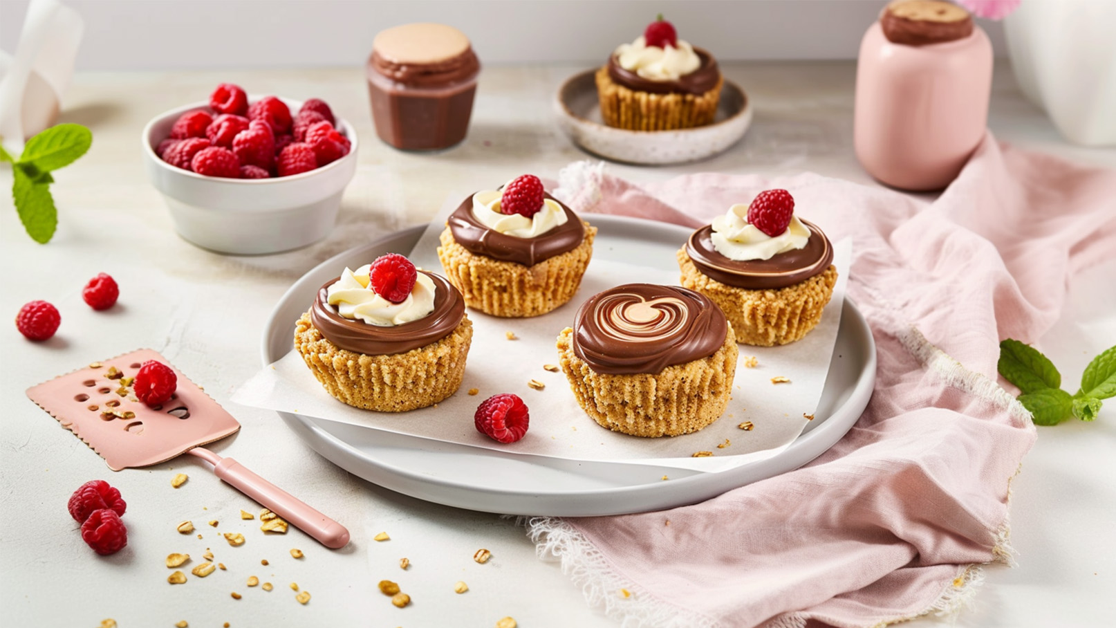 Auf einem runden Teller stehen fünf kleine Cupcakes mit Schokoladenglasur und Sahne atop, dekoriert mit frischen Himbeeren. Neben dem Teller liegt eine pinke Tortenschaufel und es gibt lose Himbeeren sowie Keksbrösel auf dem Tisch.