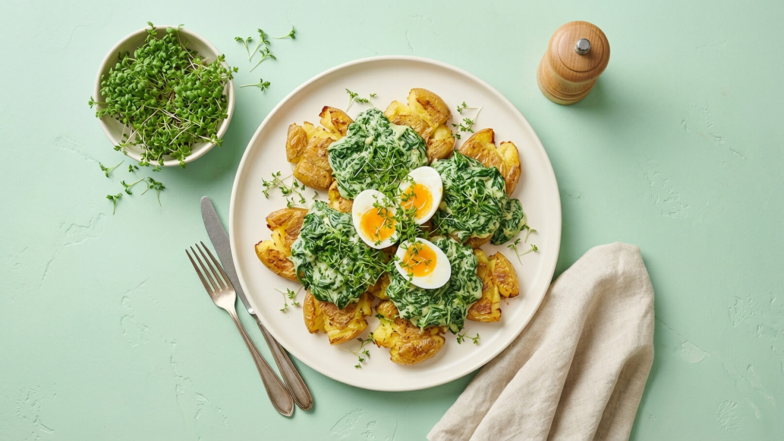 Ein Teller mit goldbraunen, knusprigen Kartoffeln, darauf eine cremige Spinatsoße und zwei weichgekochte Eier mit leuchtendem Eigelb. Frischer Kresse und kleine Kräuter dekorieren das Gericht. Im Hintergrund befindet sich eine Schüssel mit Kresse und ein Salzstreuer. Der Tisch ist mintgrün.