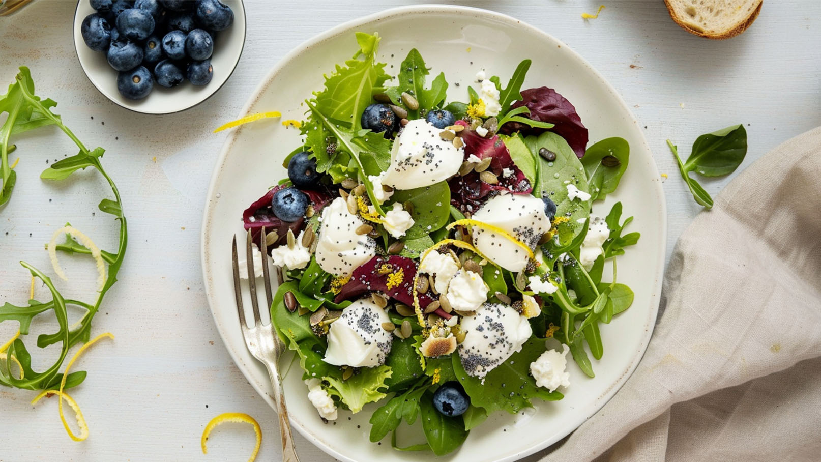 Ein Teller frischer Salat mit verschiedenen grünen Blättern, Blaubeeren und weißen Käsestückchen. Der Salat ist mit Mohnsamen und Kürbiskernen garniert. Zesten von Zitrone verleihen ihm einen frischen Akzent. Neben dem Teller liegt eine Gabel.