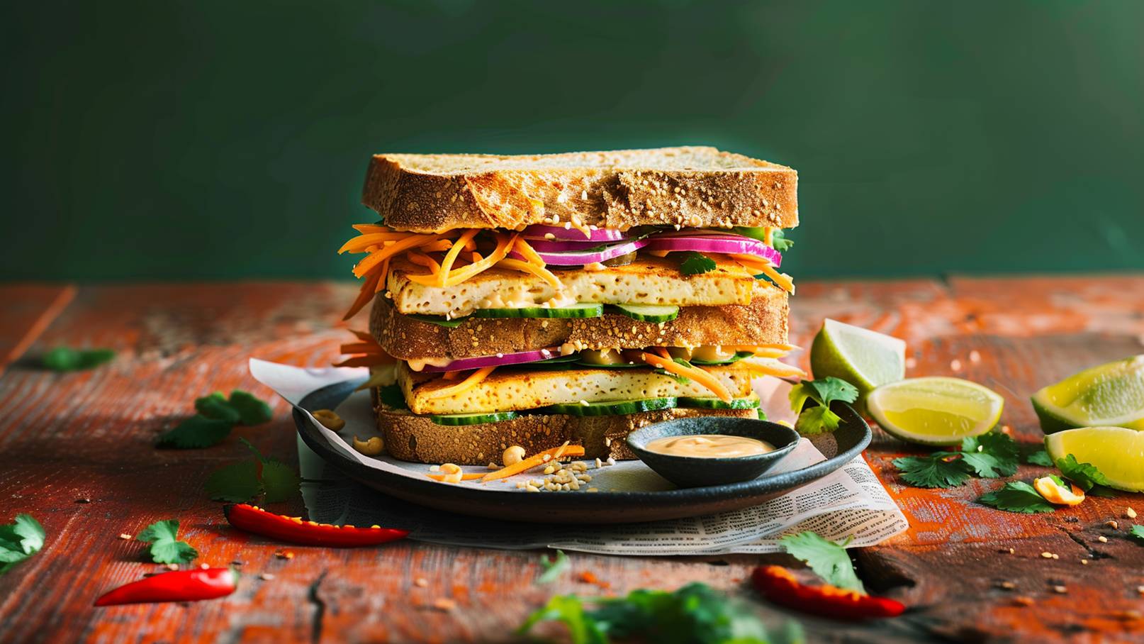 Ein hoher Sandwich-Haufen besteht aus mehreren Schichten Vollkornbrot, gefüllt mit frischem Gemüse wie Gurken, Karotten und roten Zwiebeln. Auf einem schwarzen Teller liegt eine kleine Schale mit einer Erdnusssauce. Im Hintergrund sind Limettenspalten und frische Kräuter sichtbar.