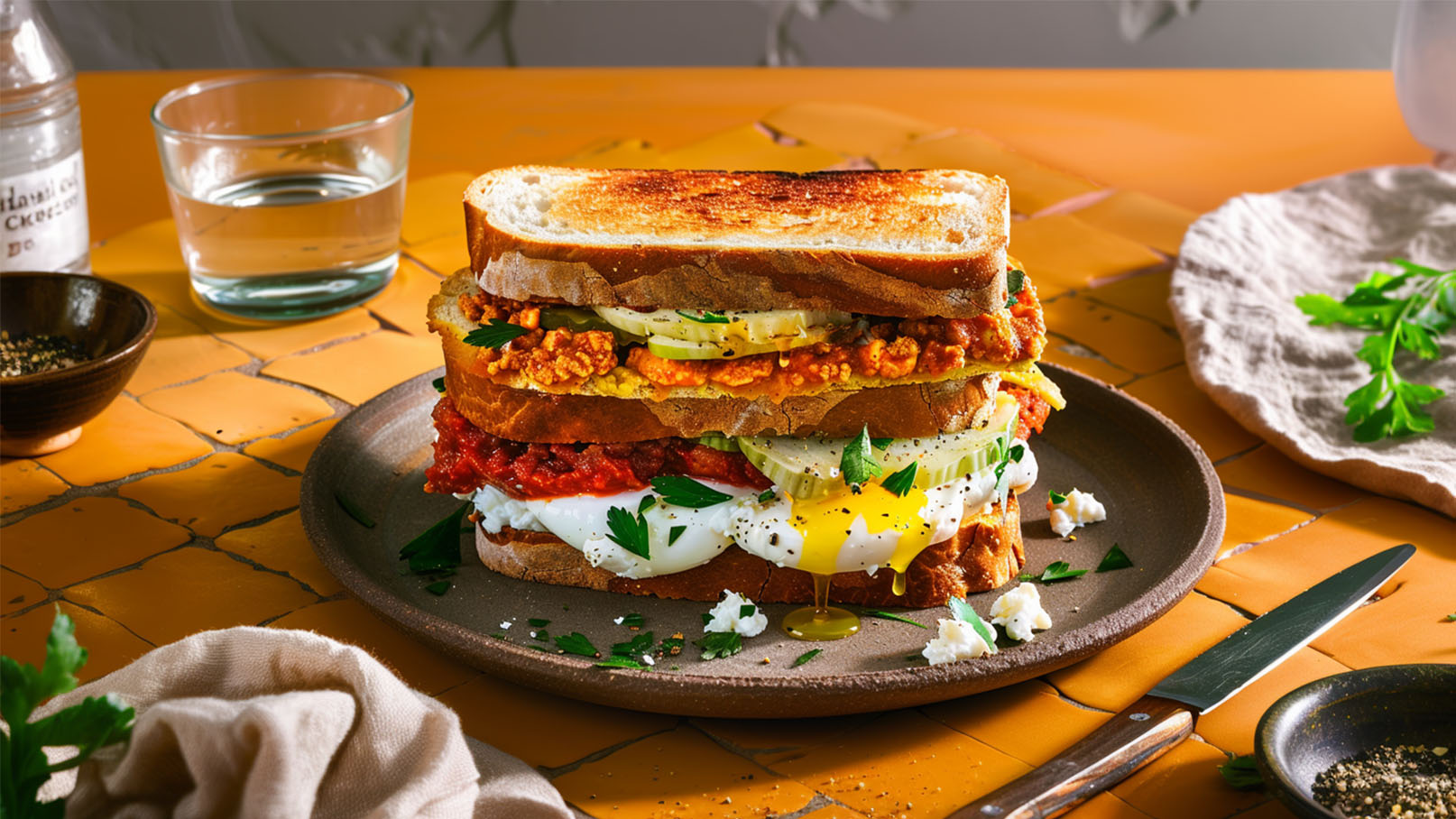 Ein großer, lecker gestalteter Sandwich-Turm auf einem Teller, bestehend aus geröstetem Brot, Hähnchen, Gurkenscheiben, einer Sauce, und einem Spiegelei, das leicht ausläuft. Frische Petersilie dekoriert das Gericht, das auf einem orangefarbenen Tisch serviert wird.