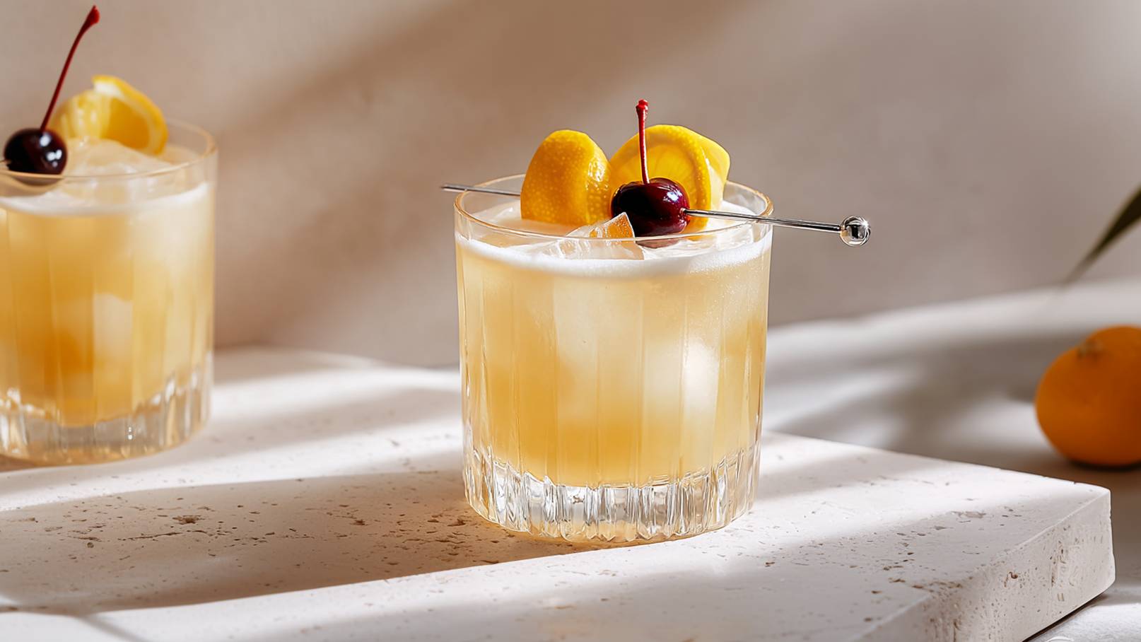 Ein Glas mit einem erfrischenden, hellen Cocktail, garniert mit einer Kirsche und Zitronenscheiben. Der Drink enthält Eiswürfel und steht auf einer hellen, strukturierten Unterlage. Im Hintergrund ist ein weiterer Cocktail zu sehen.