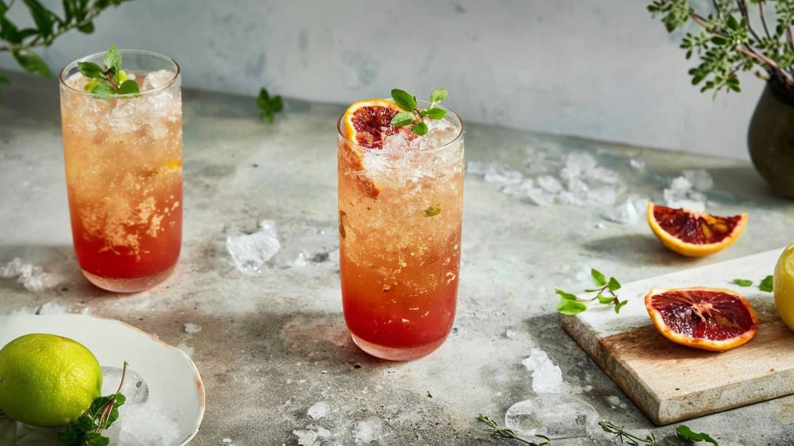 Drei Gläser mit einem fruchtigen, eisgekühlten Getränk sind auf einem grauen Tisch platziert. Die Drinks sind mit Eis und einer Garnitur aus Minze und Orangenscheiben dekoriert. Neben den Gläsern liegen einige Eisstücke und eine Limette auf einem Teller.