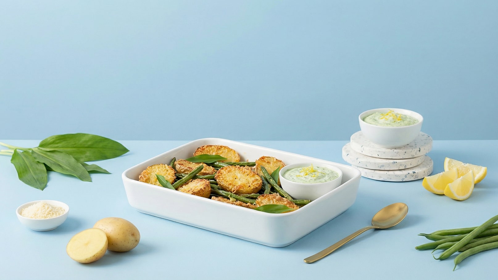 Ein weißes Backgericht mit gebackenem Gemüse, darunter grüne Bohnen und knusprige Scheiben. Neben dem Gericht steht eine kleine Schüssel mit Dip und einem goldenen Löffel. Dekorative Zitronenscheiben und frische Kräuter ergänzen die Präsentation. Der Hintergrund ist in sanftem Blau gehalten.