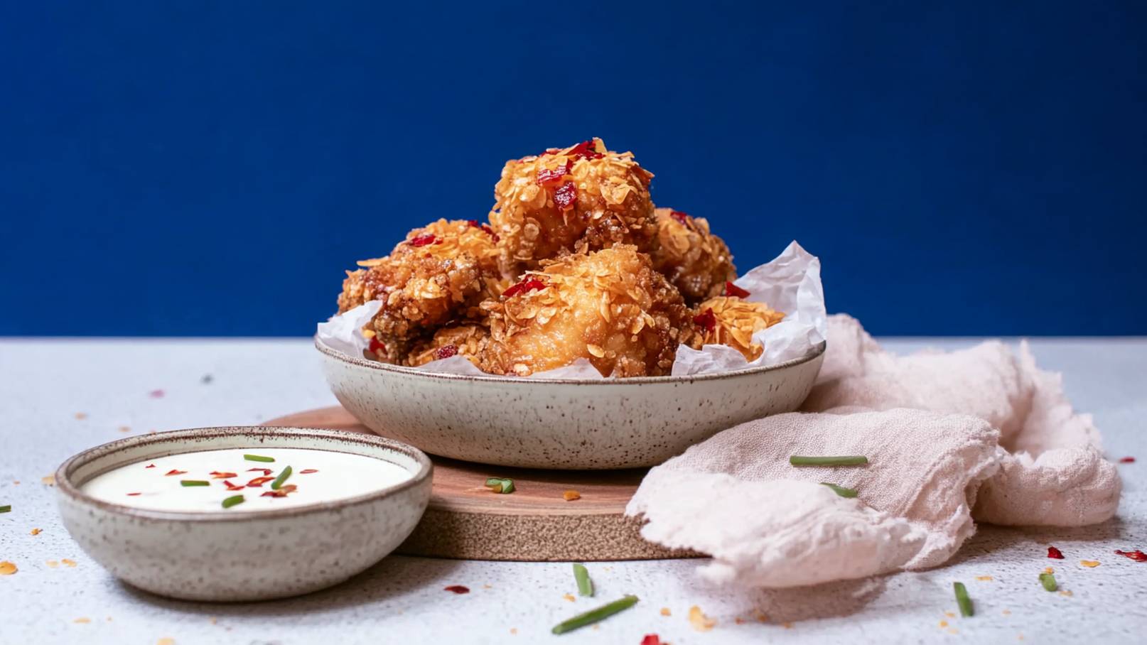 Auf dem Bild ist eine Schale mit frittierten, knusprigen Hähnchenstücken zu sehen, die mit roten Chiliflocken garniert sind. Daneben steht eine kleine Schale mit weißer Dipsauce, die mit grünen Zwiebelringen dekoriert ist. Der Hintergrund ist blau.