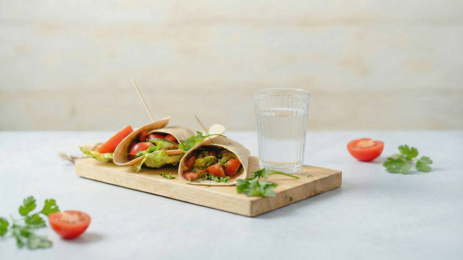 Auf einem Holzbrett sind drei gefüllte Wraps mit frischem Gemüse, darunter Tomaten und Salat, sowie ein Glas Wasser. Neben den Wraps liegen ein halbierter Tomate und ein paar Korianderblätter.