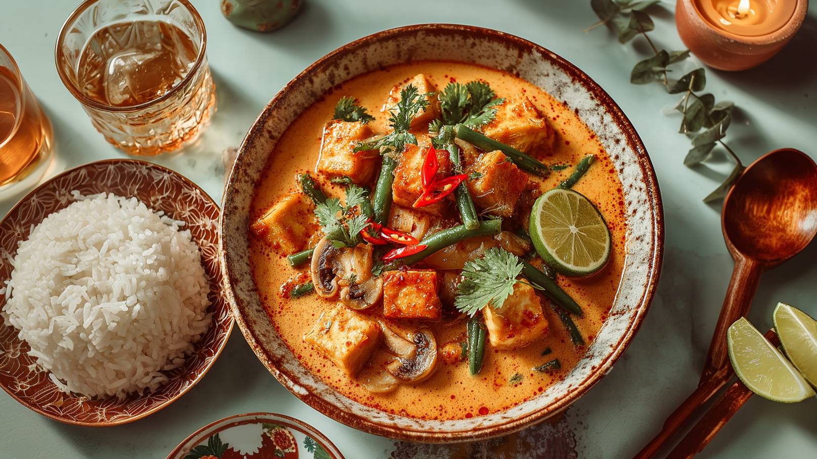 Eine Schüssel mit würzigem, cremigem Curry, gefüllt mit Tofu, grünen Bohnen, Pilzen und roten Chilischoten, garniert mit frischem Koriander und Limettenscheiben. Daneben ein Teller mit lockerem, weißen Reis.