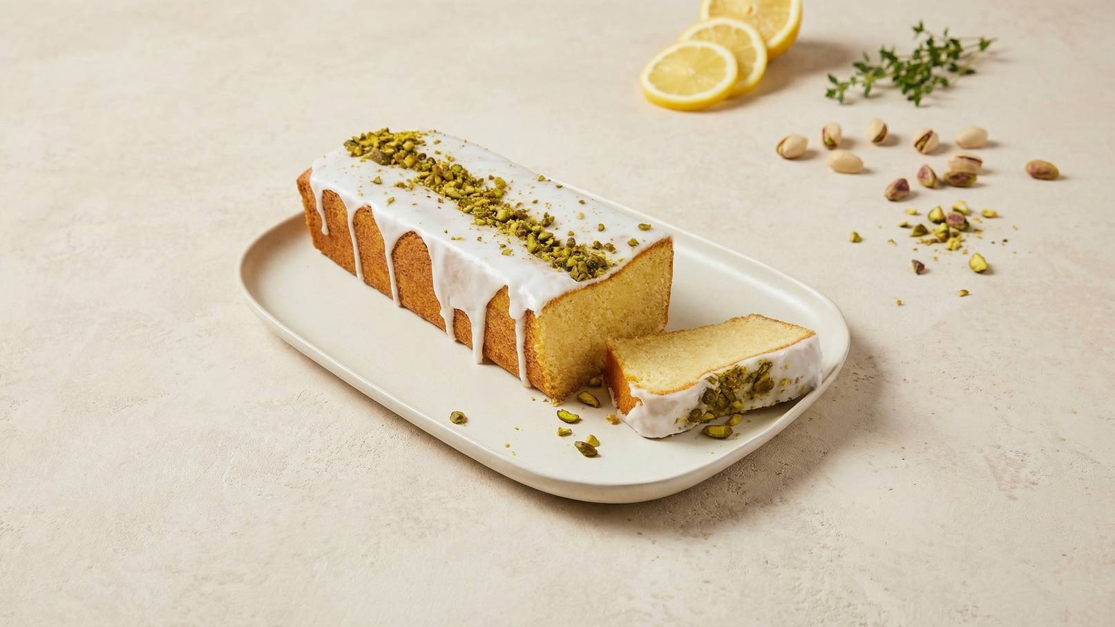 Ein saftiger Zitronenkuchen auf einem ovalen Teller, mit einer Glasur aus Zuckerguss und gehackten Pistazien obendrauf. Ein Stück wurde herausgeschnitten. Im Hintergrund sind Zitronenscheiben und einige Pistazien sichtbar.