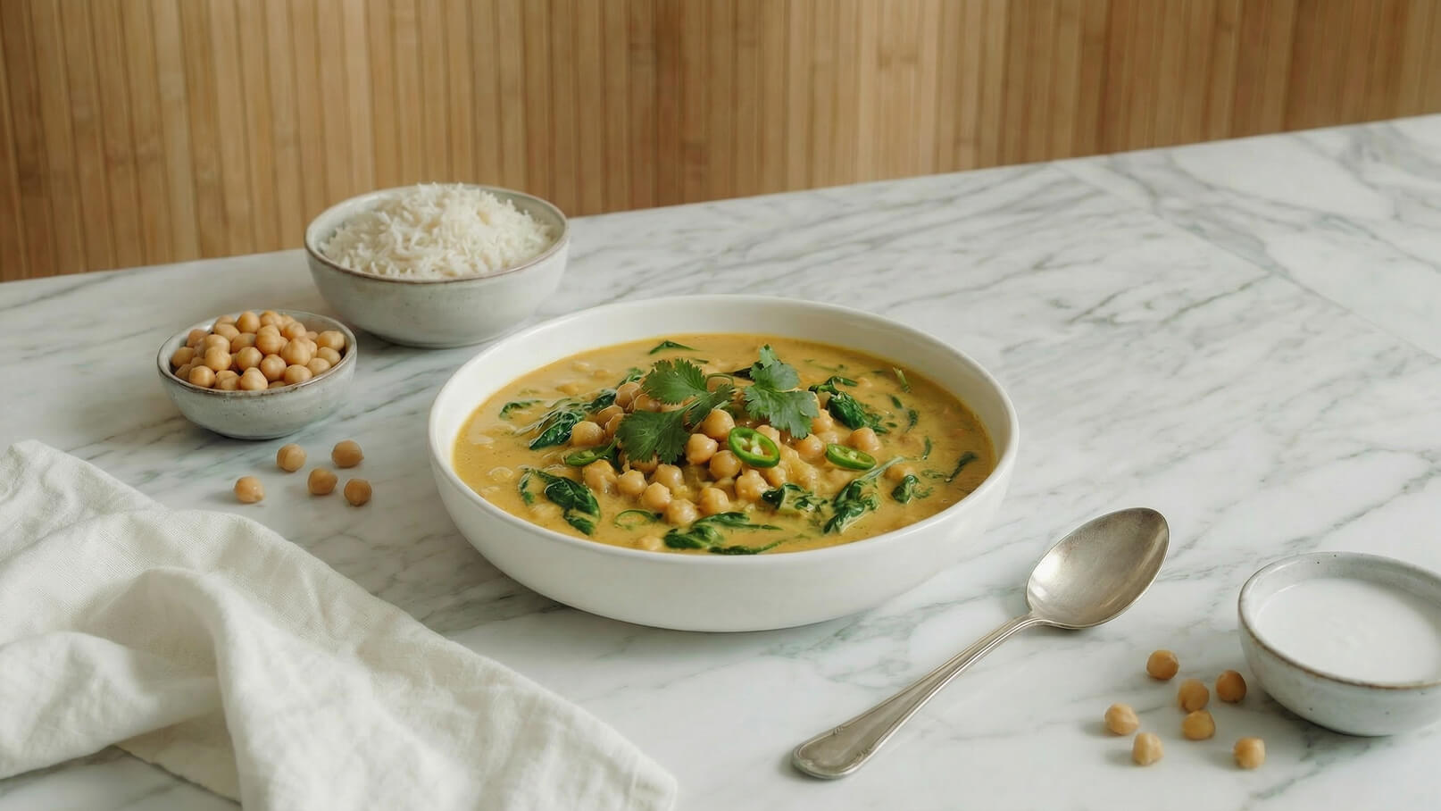 Eine großzügige Schüssel Kichererbsensuppe mit grünen Blättern und einem Hauch von Koriander ist im Vordergrund zu sehen. Daneben befinden sich eine Schüssel mit Reis und eine kleine Schüssel mit Kokosraspeln. Die Präsentation ist auf einem marmorierten Tisch.