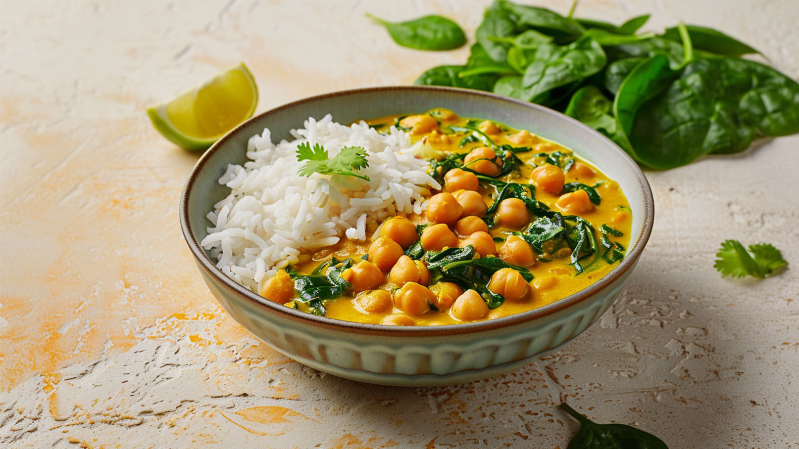 Eine Schüssel mit Reis und Kichererbsencurry, das mit Spinat und Gewürzen zubereitet ist. Frische Korianderblätter garnieren das Gericht, und eine Limettenscheibe befindet sich daneben. Der Hintergrund ist in sanften, erdigen Tönen gehalten.