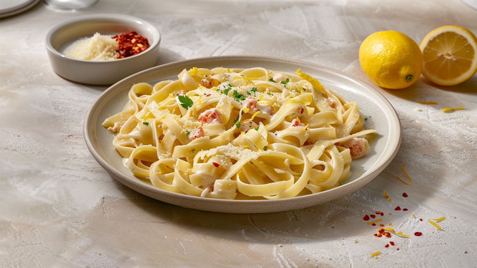 Ein Teller mit cremiger Pasta, garniert mit Parmesan, frischer Petersilie und Zitronenschale. Im Hintergrund befindet sich eine Schüssel mit geriebenem Parmesan und roten Pfefferflocken sowie eine ganze Zitrone. Der Hintergrund ist hell und neutral gehalten.