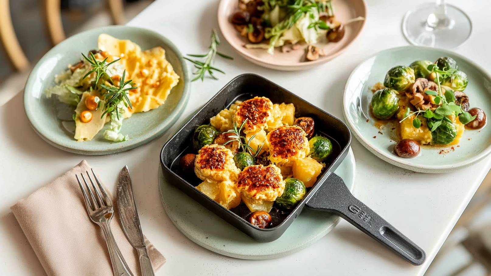 Ein Tisch, gedeckt mit verschiedenen Gerichten. Im Mittelpunkt befindet sich eine gusseiserne Pfanne mit gefülltem Gemüse und einer goldbraunen Kruste. Daneben sind zwei weitere Teller mit grünen Bohnen und Salat angerichtet. Elegante Bestecke liegen bereit.