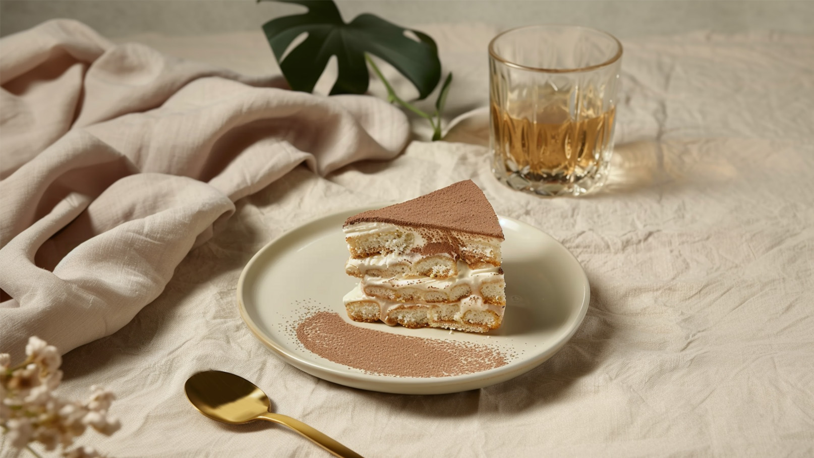 Ein Stück Tiramisu auf einem weißen Teller, bestreut mit Kakaopulver. Daneben liegt ein goldener Löffel. Im Hintergrund sieht man ein Glas mit Getränk und eine helle Stoffserviette.