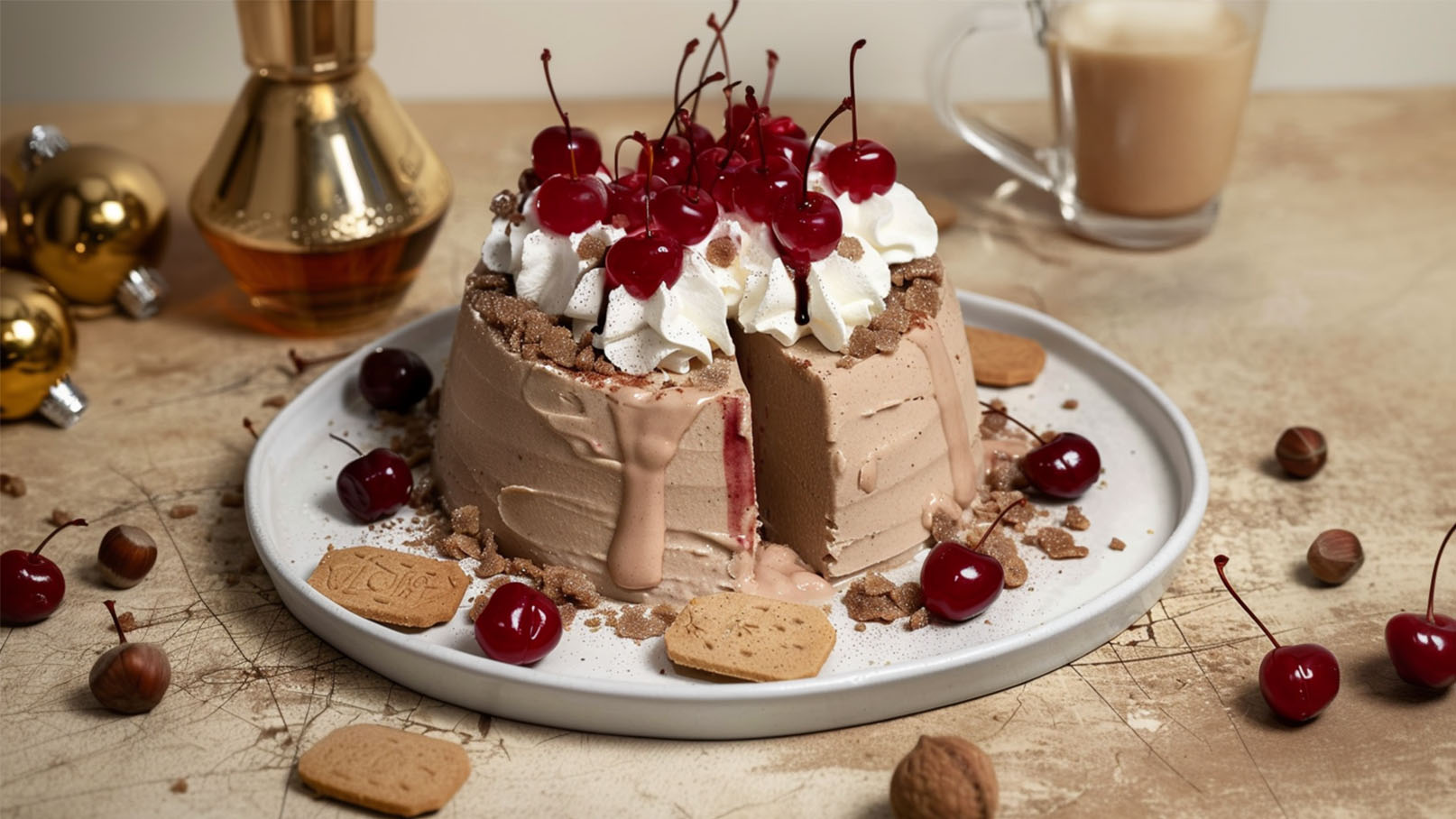 Ein rundes Dessert auf einem weißen Teller, dekoriert mit Schlagsahne und roten Kirschen. Teile des Desserts sind angeschnitten und zeigen eine cremige, schokoladige Füllung. Um das Dessert liegen Kekse und einige Nüsse verstreut.
