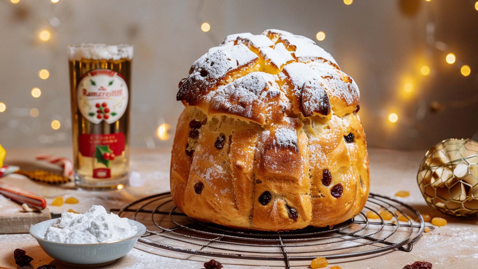 Ein frisch gebackener, runder Kuchen mit einer goldenen, leicht unregelmäßigen Oberfläche, bestäubt mit Puderzucker. Er befindet sich auf einem Kuchengitter und wirkt festlich. Im Hintergrund steht ein Glas Bier. Der Tisch ist mit kleinen Dekorationen und getrockneten Früchten geschmückt.