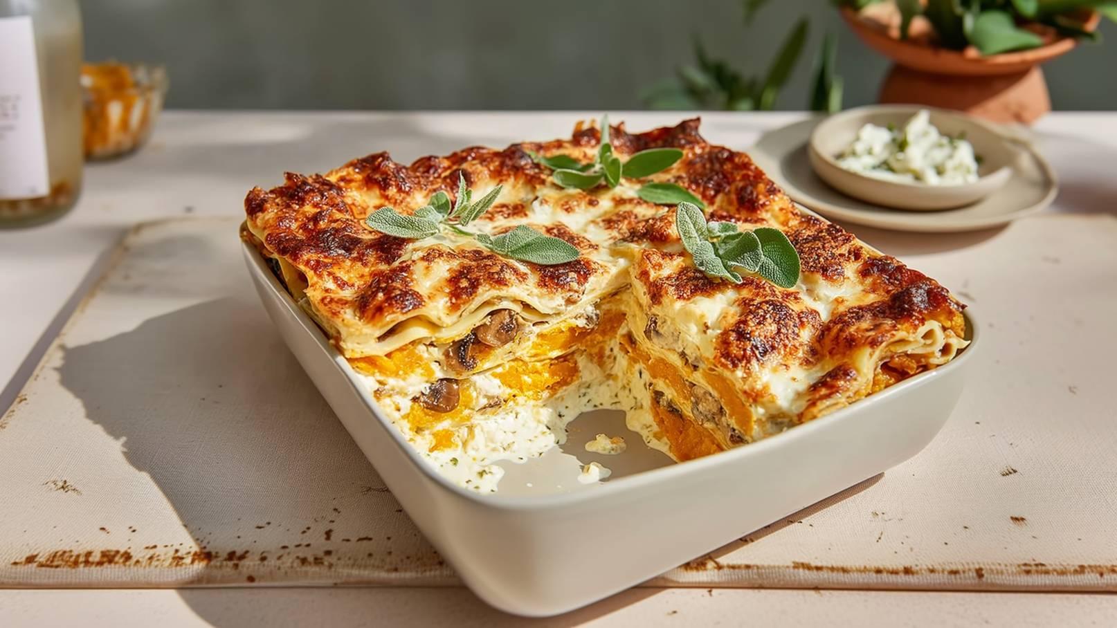 Ein Auflaufgericht mit mehreren Schichten Lasagne, gefüllt mit Kürbis und Pilzen, überbacken mit geschmolzenem Käse. Die Oberfläche ist goldbraun und knusprig, garniert mit frischen Salbeiblättern. Das Gericht steht in einer hellen, rechteckigen Auflaufform auf einem neutralen Untergrund.