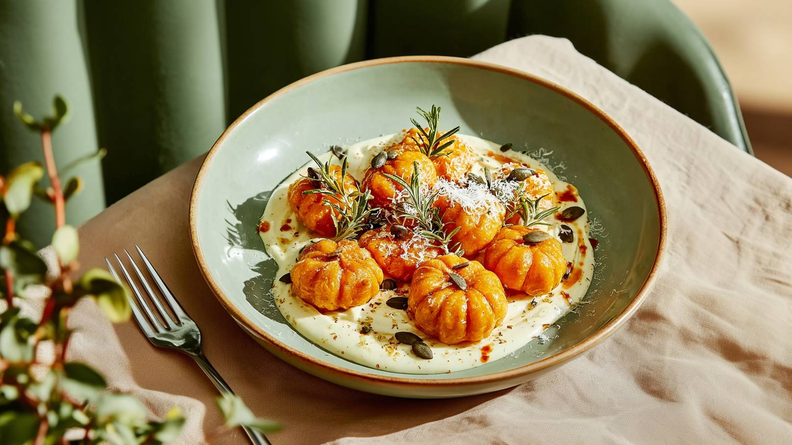 Ein Teller mit kleinen, runden Kürbisgerichten, garniert mit frischem Rosmarin und Kürbiskernen, liegt auf einer weißen, cremigen Soße. Das Gericht ist dekorativ angerichtet und wirkt appetitlich.