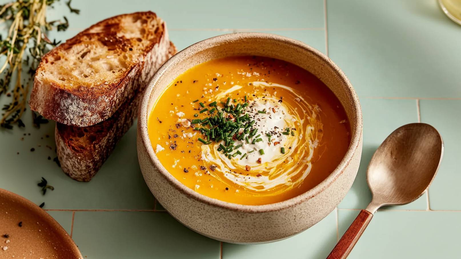 Eine Schüssel mit cremiger Kürbissuppe, garniert mit frischem Schnittlauch und Sahnewirbel. Neben der Schüssel liegen zwei Scheiben geröstetes Brot und ein Löffel. Der Hintergrund ist in sanften pastelgrünen Tönen gehalten.