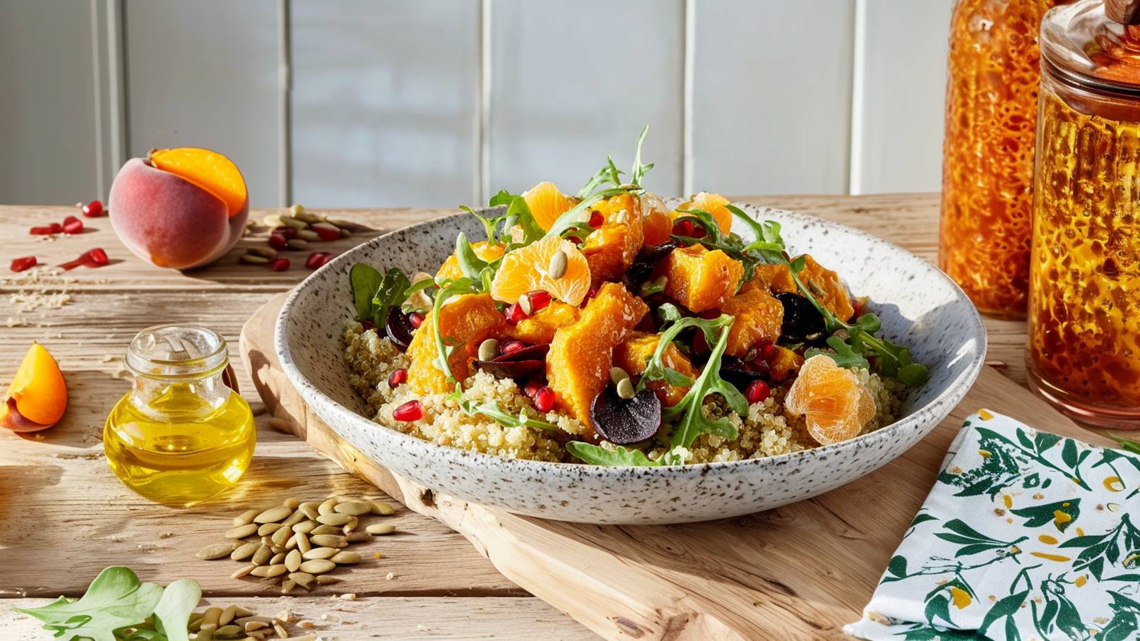 Eine Schüssel mit Quinoa-Salat, garniert mit Kürbisstücken, Mandarinen, Rucola und Granatapfelkernen. Der Salat ist ansprechend angerichtet und wird von einer kleinen Flasche Öl und einigen Kernen umgeben. Der Hintergrund ist hell und freundlich.