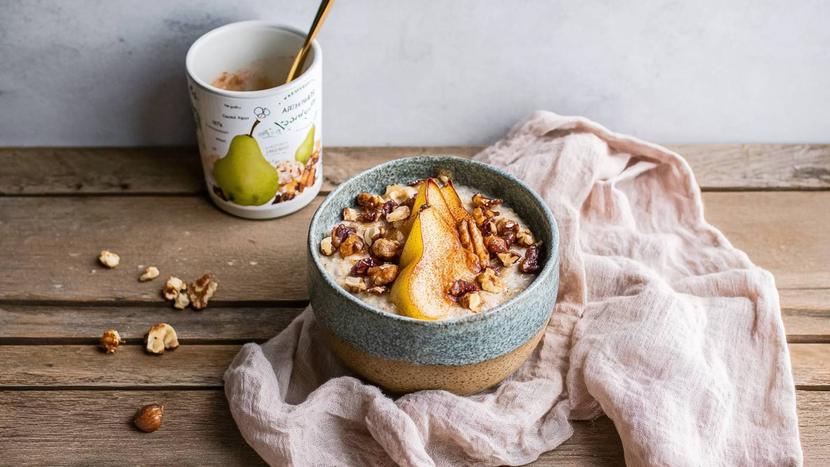 Eine Schüssel Haferbrei ist mit Scheiben einer Birne und gehackten Nüssen garniert. Die Schüssel ist aus Keramik mit einer blauen Glasur. Daneben liegt ein helles Tuch auf einem Holztablett. Im Hintergrund steht eine Tasse mit einem Goldlöffel.