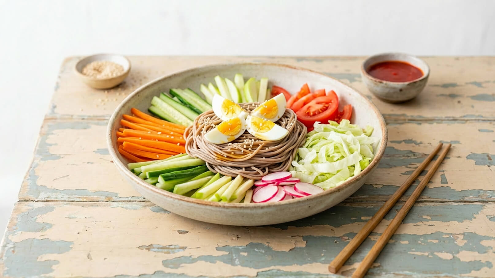 Eine breite Schüssel enthält Soba-Nudeln in der Mitte, umgeben von buntem Gemüse: Karotten, Gurken, Radieschen, Tomaten, und Salat. Oben auf den Nudeln liegen halbierte, weichgekochte Eier. Neben der Schüssel befindet sich eine kleine Schale mit Sauce und Essstäbchen.